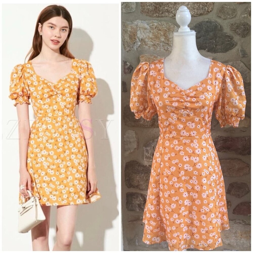 🌟NWT Avantlook Puff Sleeve Mustard Yellow Floral Print Short Skater Dress Womens